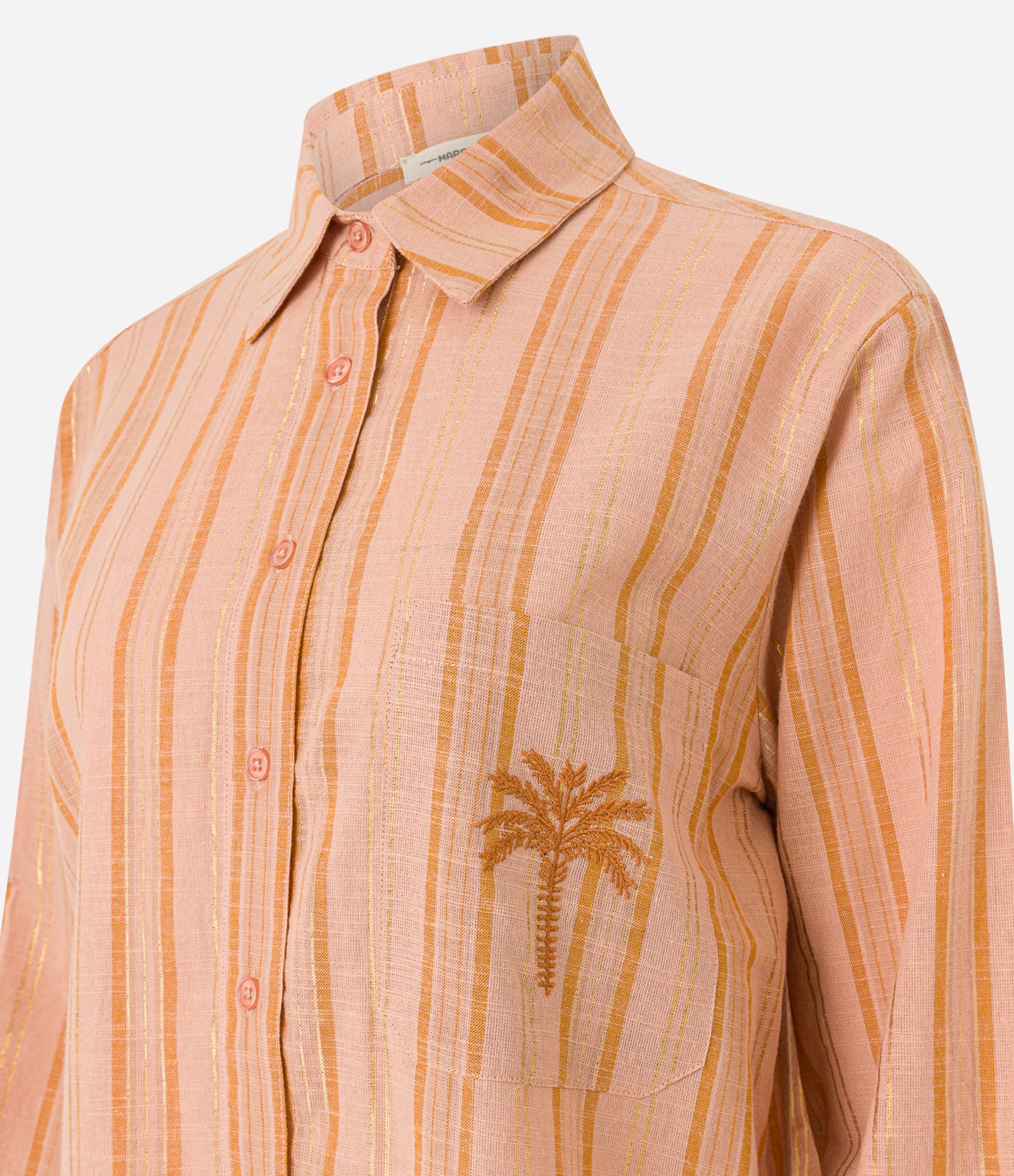 Camisa Listrada em Tricoline com Coqueiro Bordado no Bolso Laranja 7