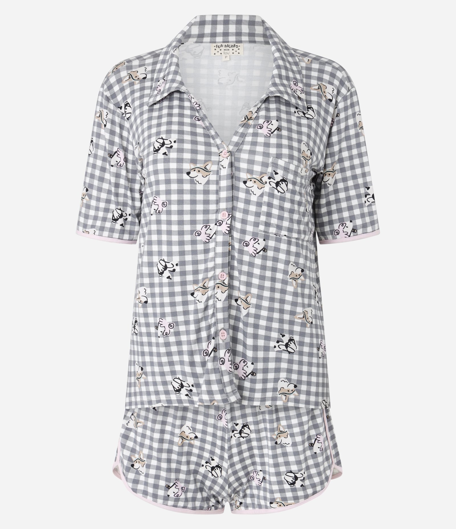 Pijama Short Doll Americano em Viscose com Estampa Xadrez Vichy e Cachorrinhos Cinza 5