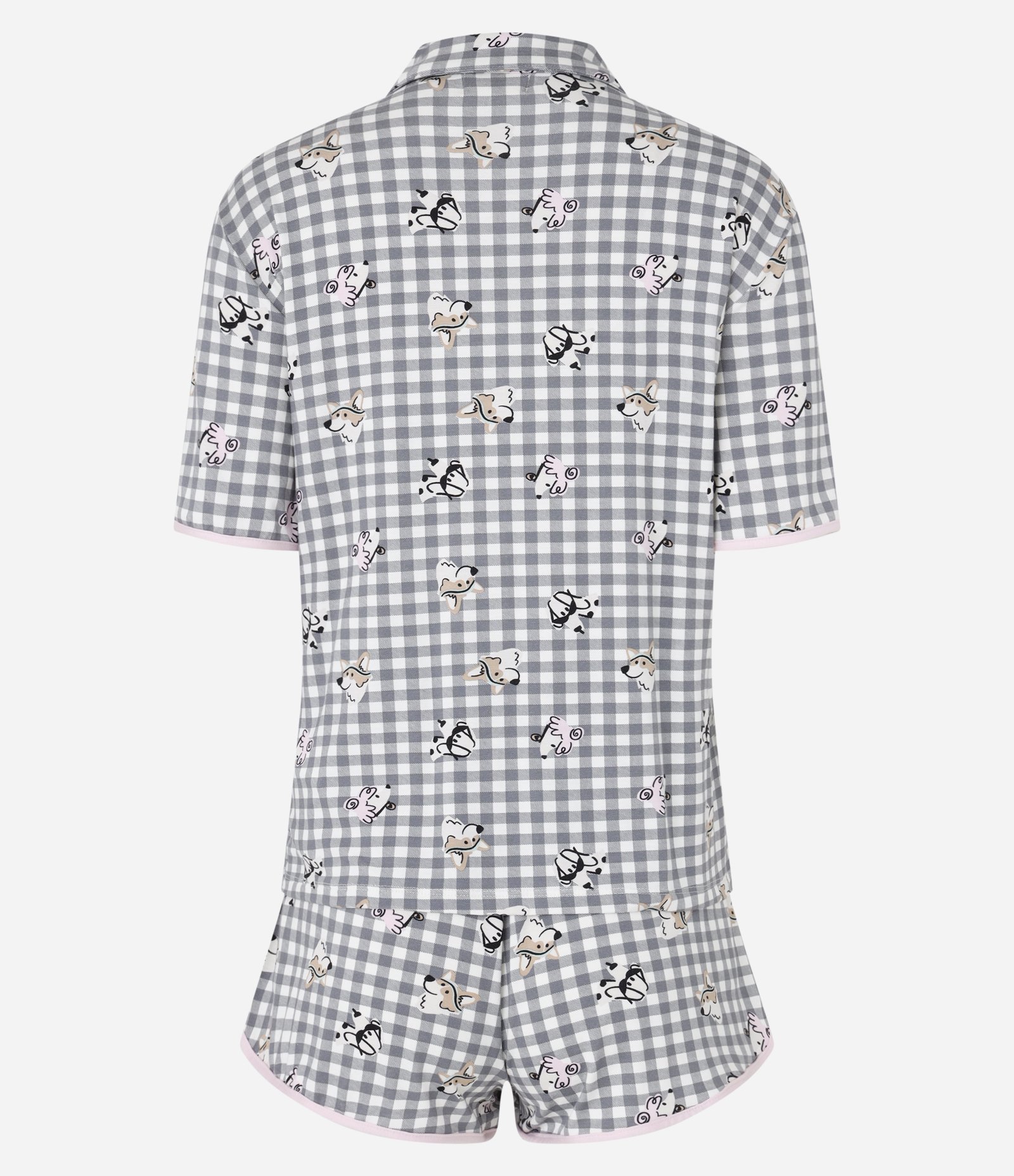 Pijama Short Doll Americano em Viscose com Estampa Xadrez Vichy e Cachorrinhos Cinza 6