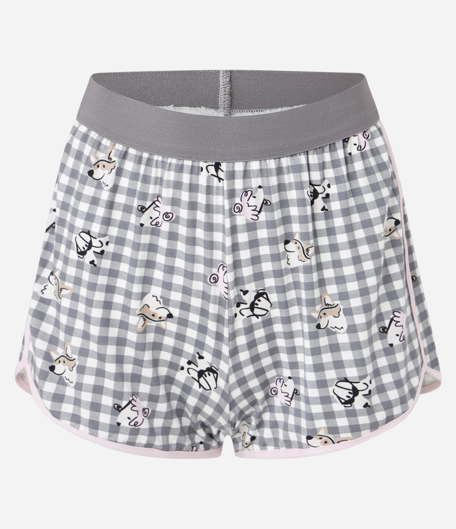 Pijama Short Doll Americano em Viscose com Estampa Xadrez Vichy e Cachorrinhos Cinza 7
