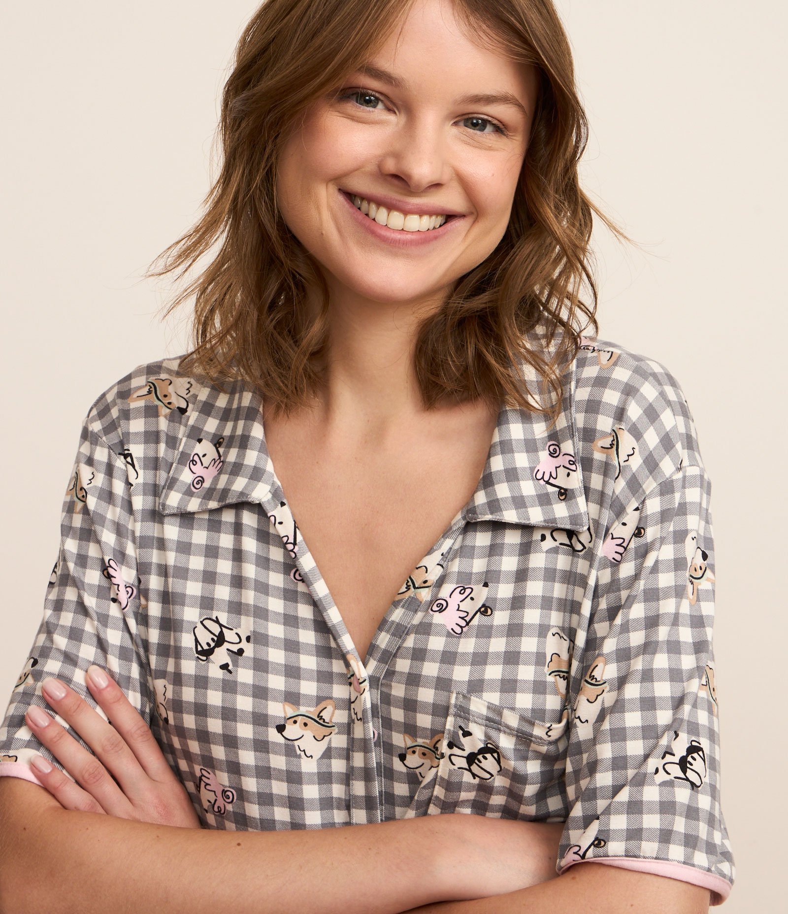 Pijama Short Doll Americano em Viscose com Estampa Xadrez Vichy e Cachorrinhos Cinza 3