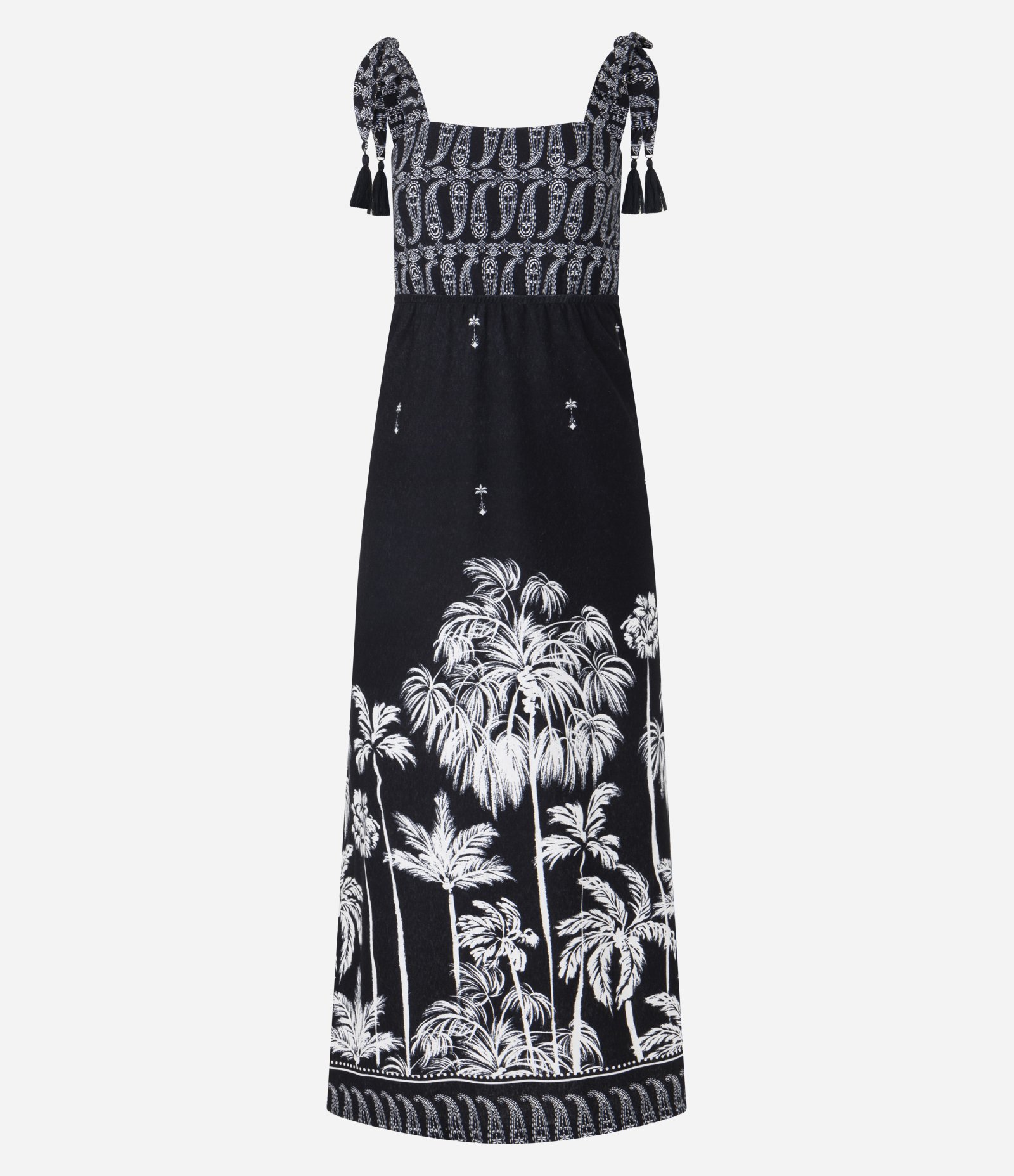 Vestido Reto Midi em Algodão com Estampa Paisley e Coqueiros Preto 5