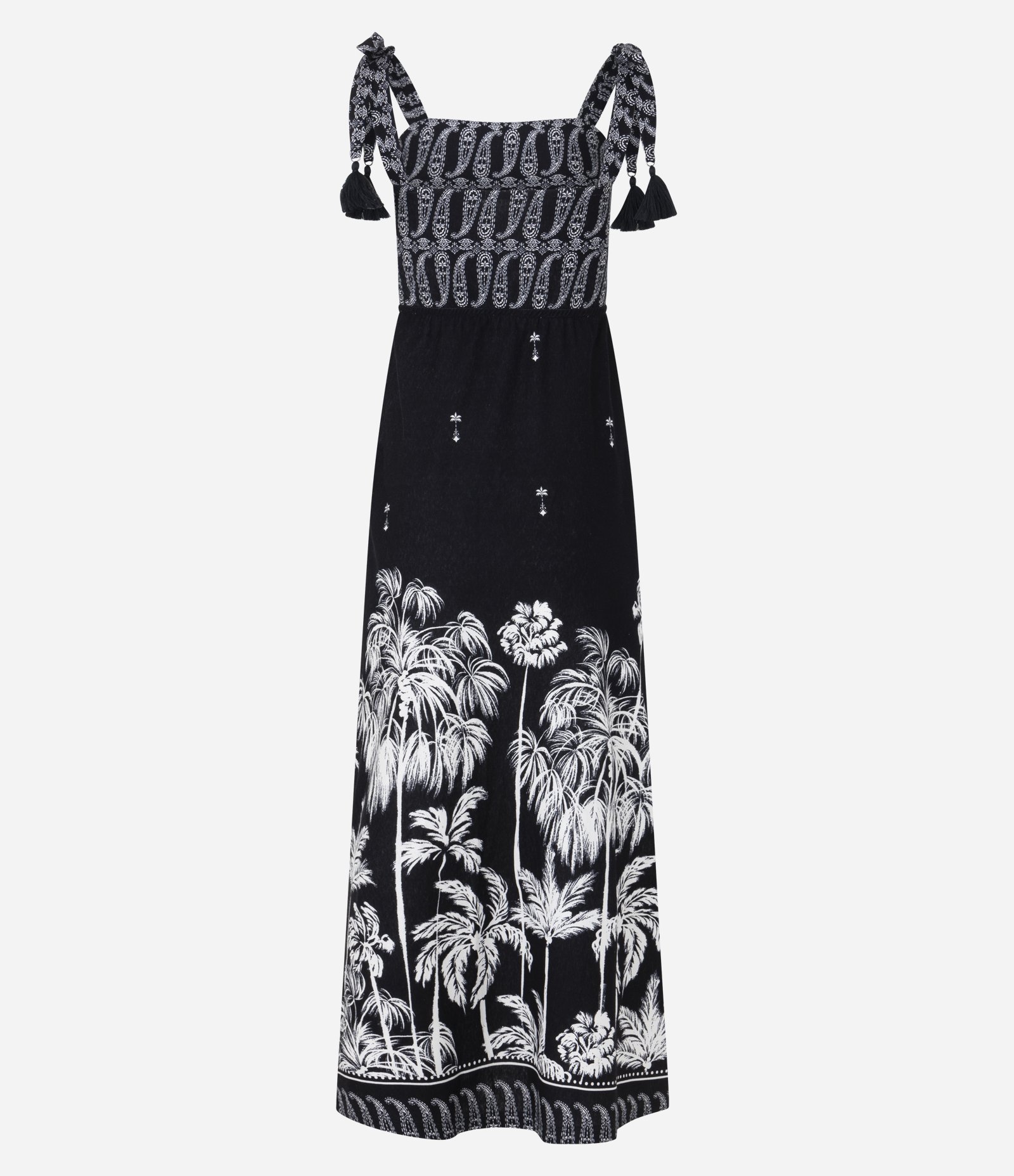 Vestido Reto Midi em Algodão com Estampa Paisley e Coqueiros Preto 6