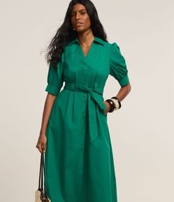 Vestido Midi em Tricoline com Manga Bufante e Amarração