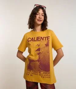 Camiseta Alongada em Algodão com Estampa Caliente