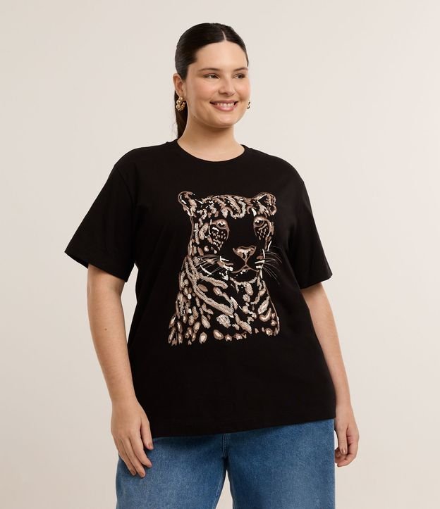 Blusa com Animal Print e Onça Bordada com Paetês Curve & Plus Size