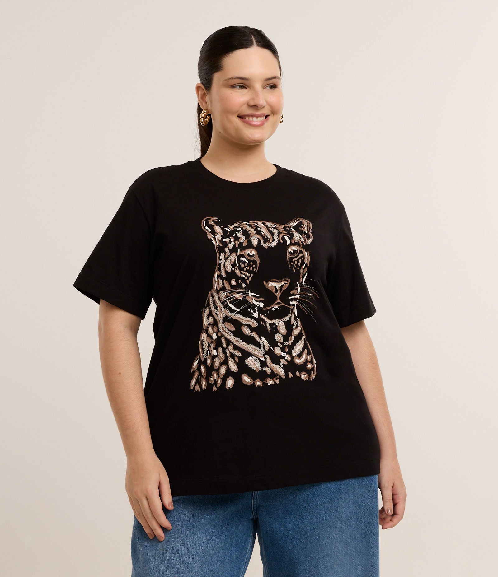 Blusa com Animal Print e Onça Bordada com Paetês Curve & Plus Size Preto 1