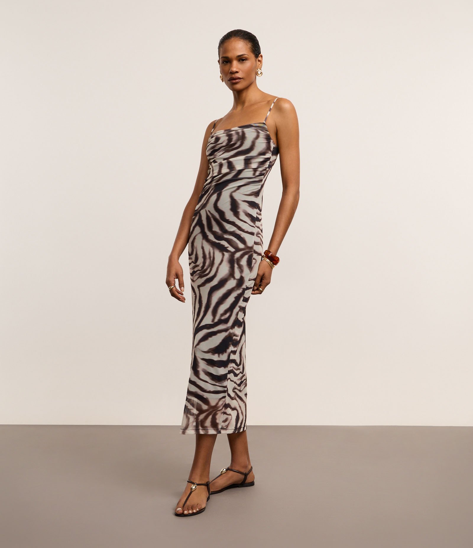 Vestido Midi em Tule Bicolor com Franzidos e Estampa Zebra Bicolor 1