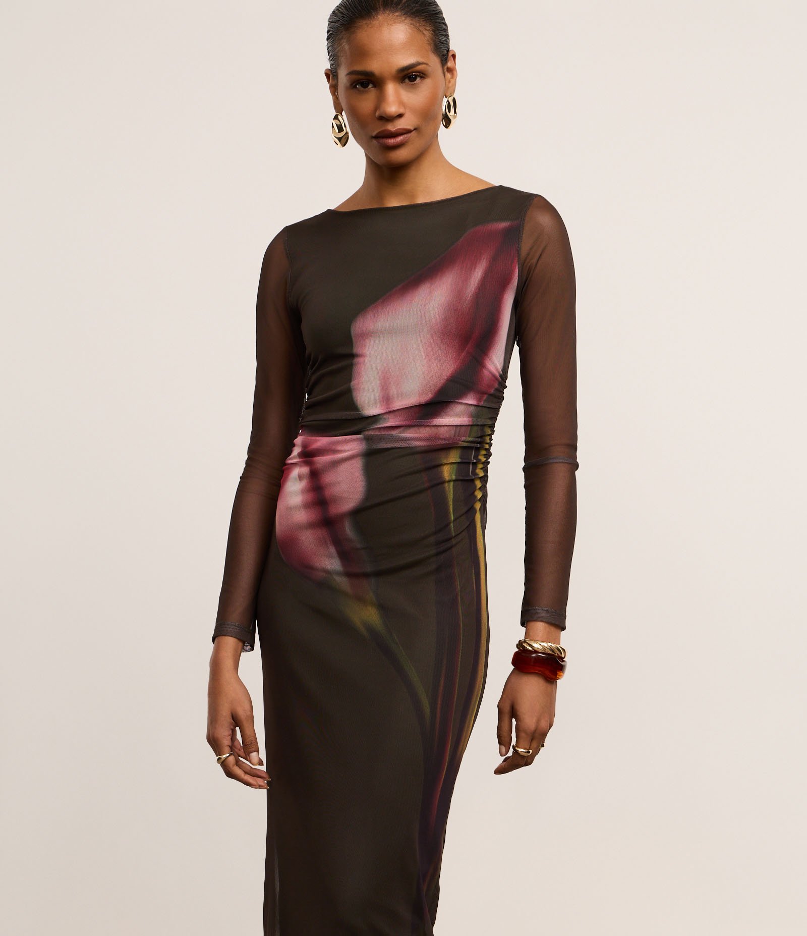 Vestido Reto Midi em Tule com Estampa Flora Blur Verde 2