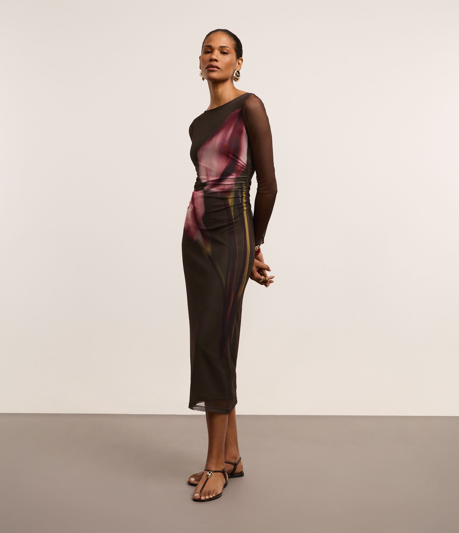 Vestido Reto Midi em Tule com Estampa Flora Blur Verde 4