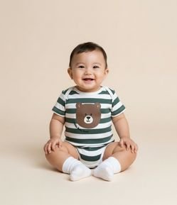 Body Infantil com Estampa Urso e Listras - Tam 0 a 18 meses.