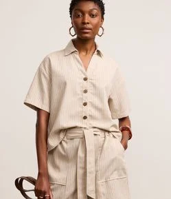 Camisa em Viscolinho com Listras de Fio Tinto