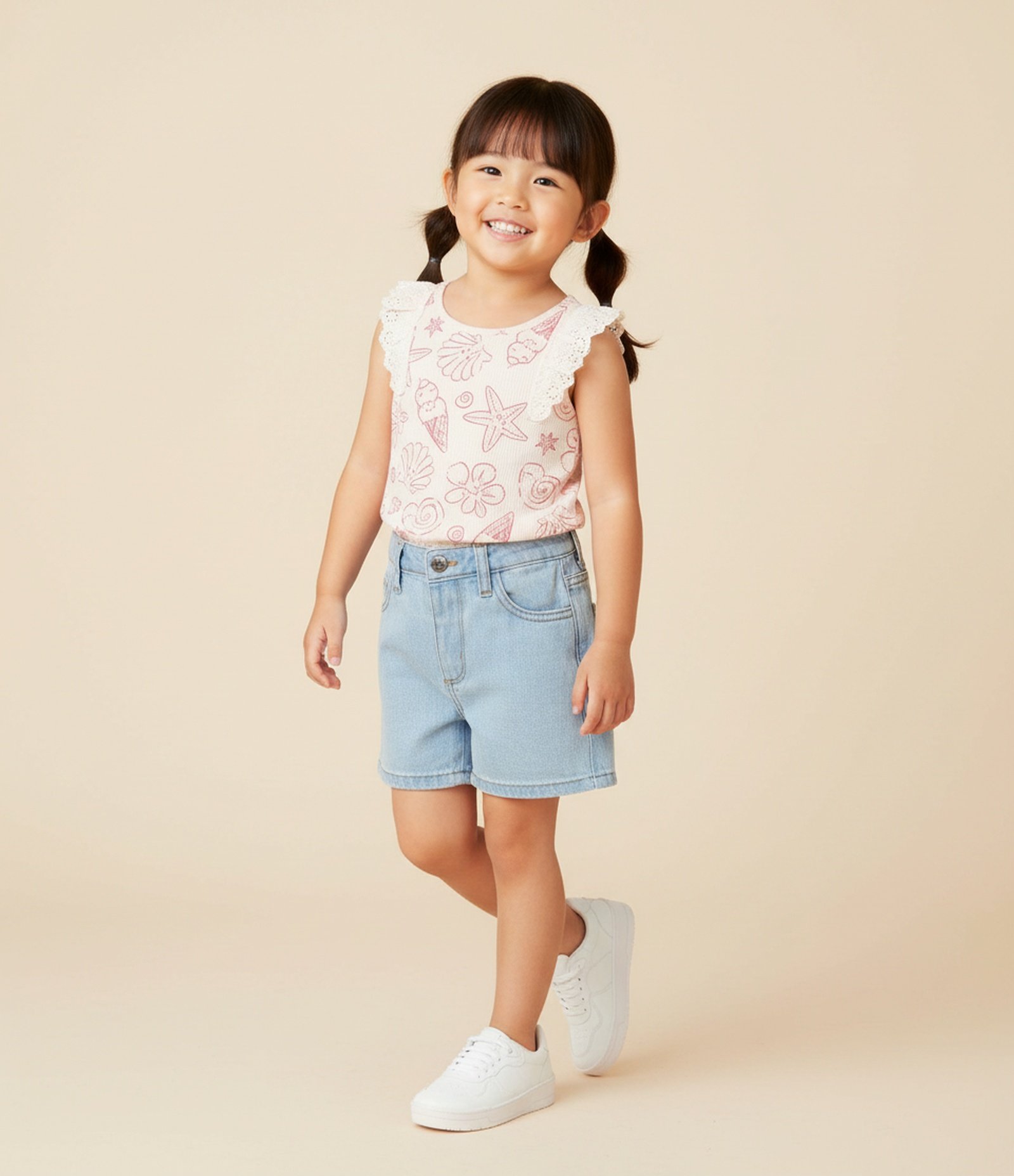 Regata Infantil em Ribana com Detalhe em Broderie e Estampa - Tam 1 a 6 Anos Bege 1