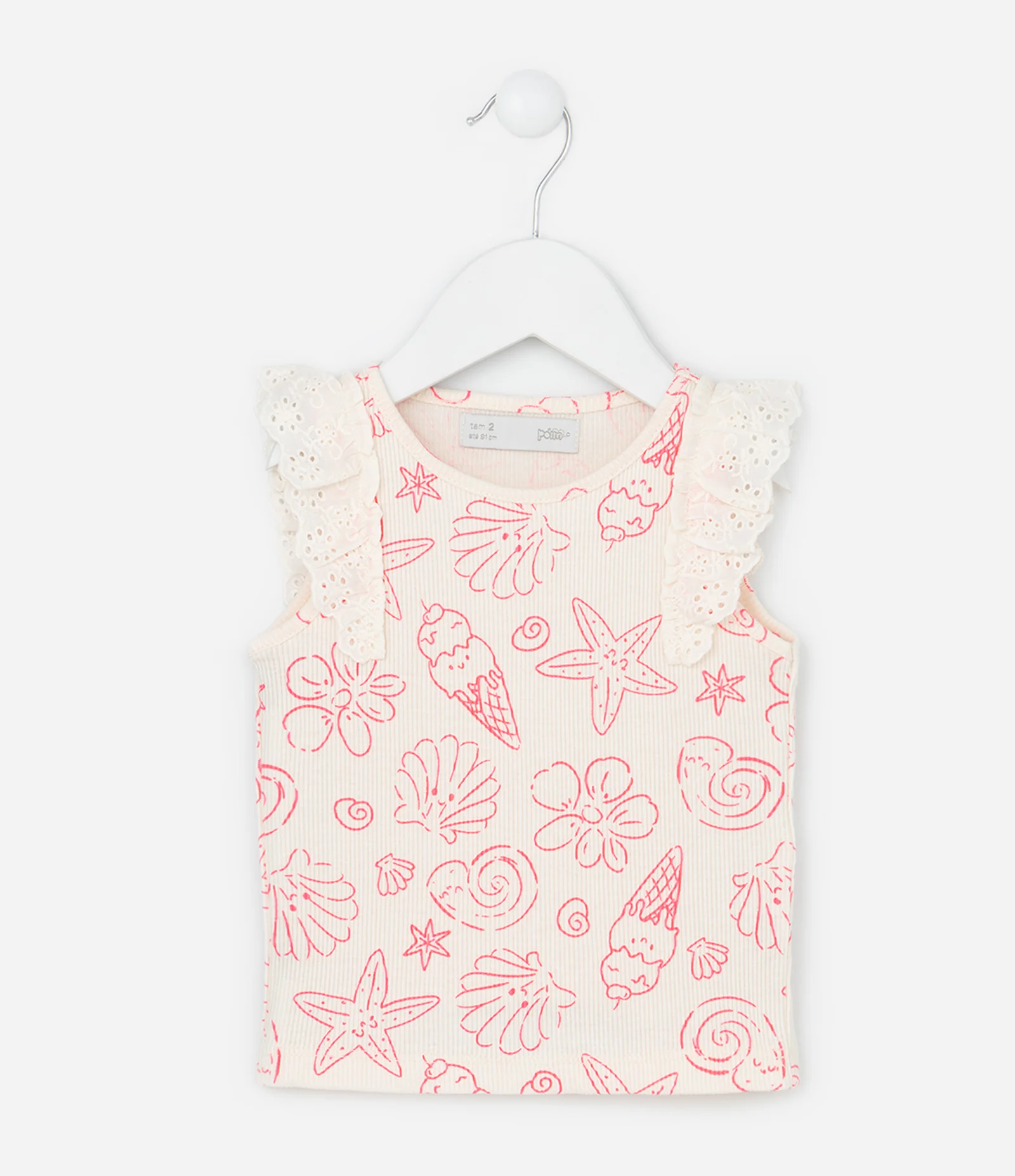 Regata Infantil em Ribana com Detalhe em Broderie e Estampa - Tam 1 a 6 Anos Bege 1