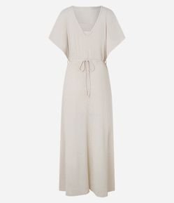 Vestido Midi de Efeito Crochê e Cinto com Pedrarias