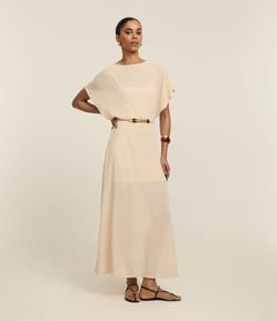 Vestido Midi de Efeito Crochê e Cinto com Pedrarias