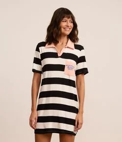 Camisola em Viscose Listrada com Gola Polo e Estampa Peanuts