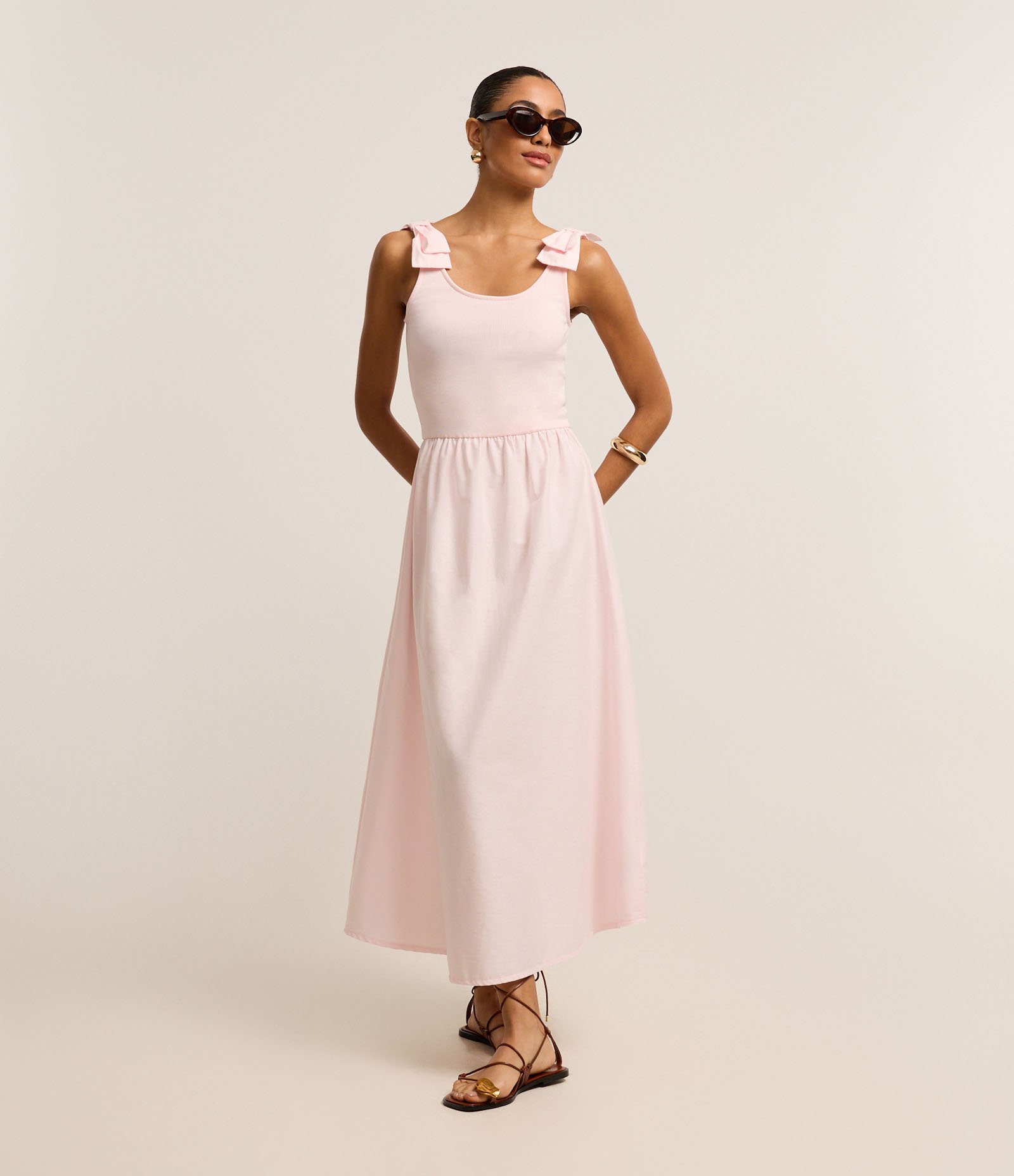 Vestido Midi em Ribana com Laço no Ombro Rosa 1