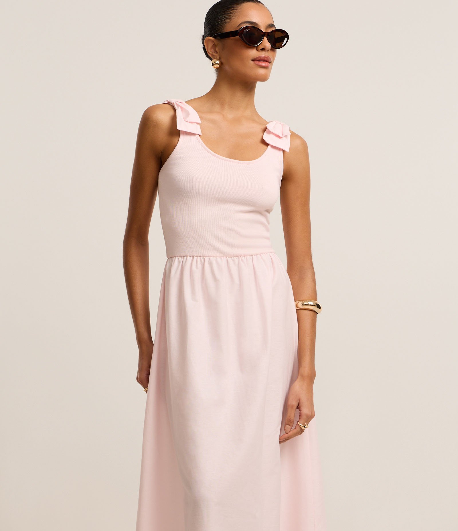 Vestido Midi em Ribana com Laço no Ombro Rosa 2