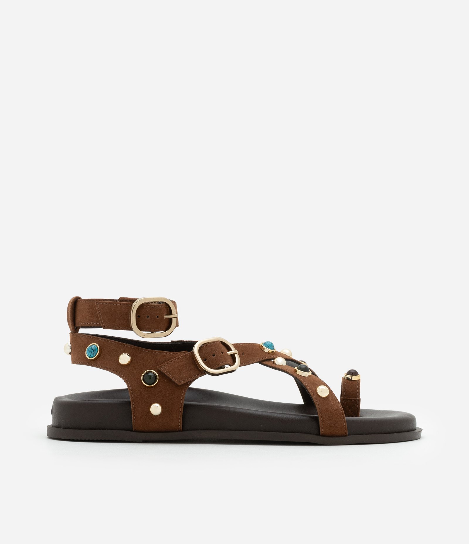 Sandálias Rasteira com Tiras Camurçadas e Aviamentos Coloridos Marrom 1