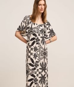 Vestido Reto Midi em Viscose com Estampa Coqueiros