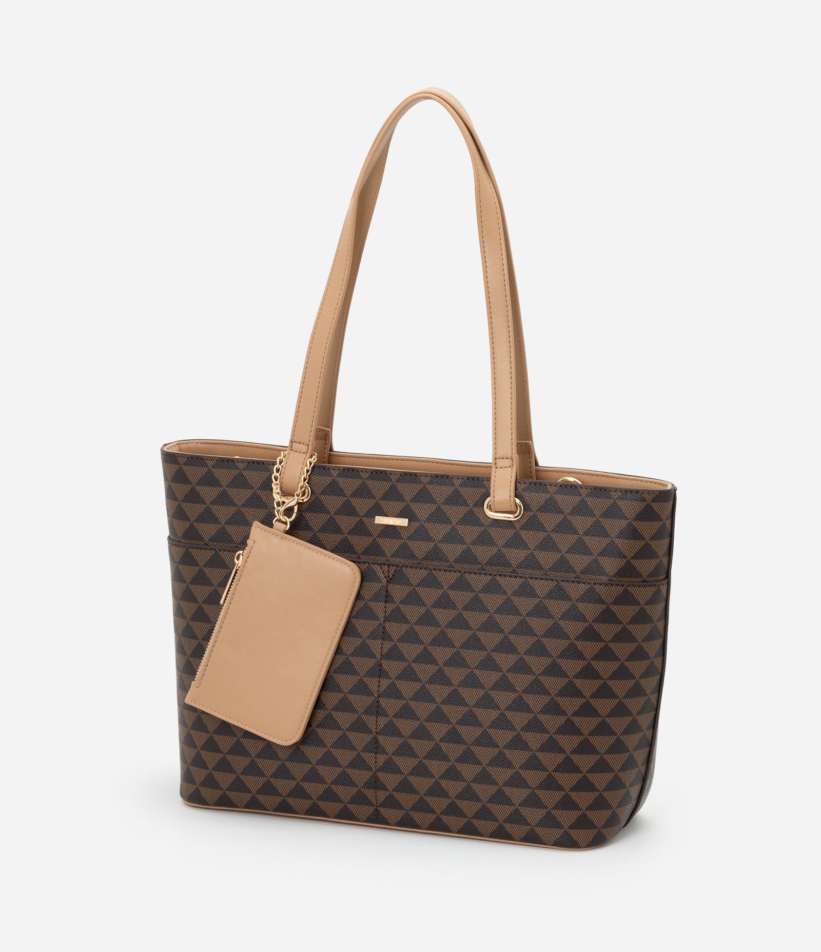 Bolsa Shopper Grande com Estampa Triangulo e Carteira Pequena Marrom 9