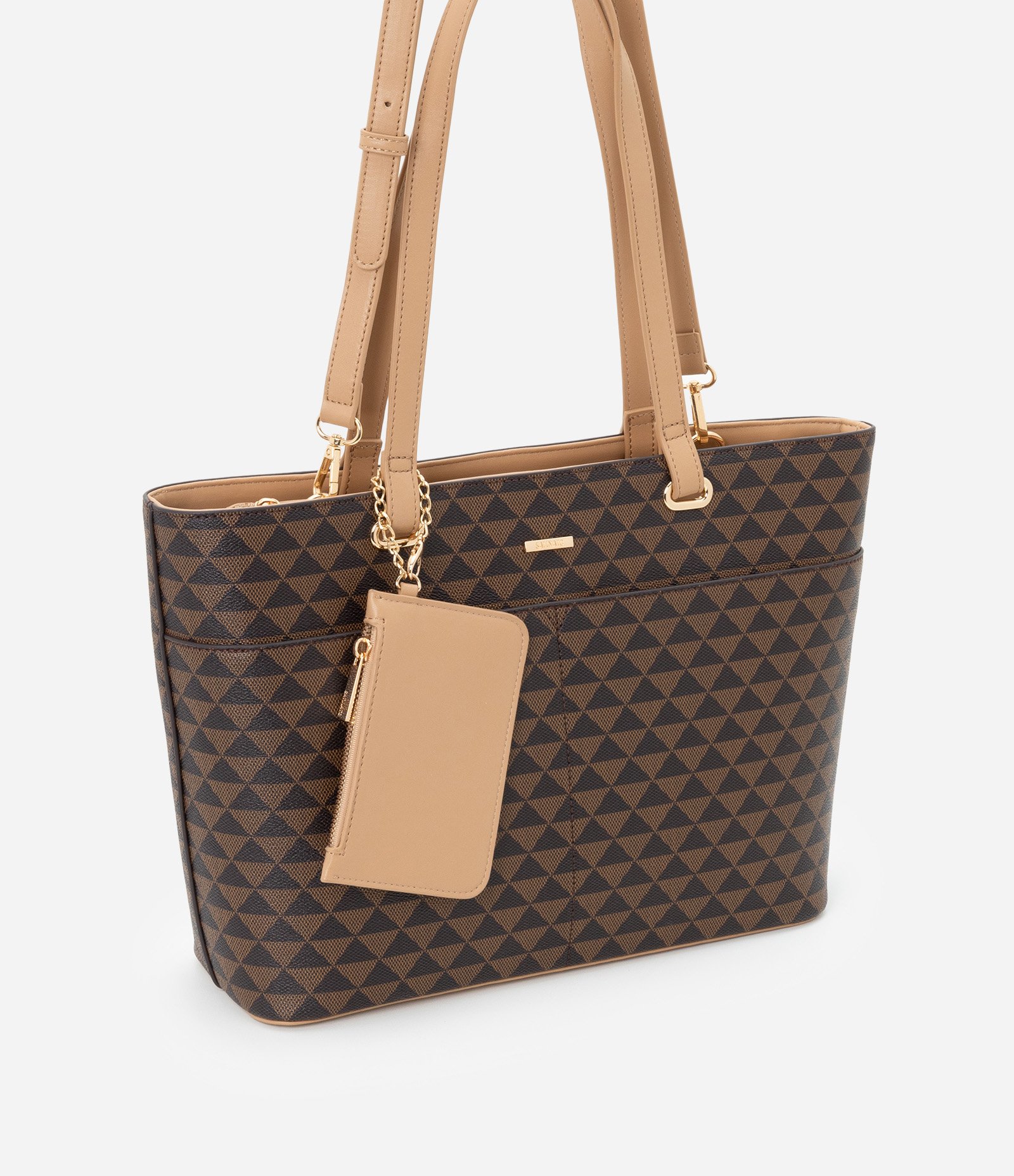 Bolsa Shopper Grande com Estampa Triangulo e Carteira Pequena Marrom 2