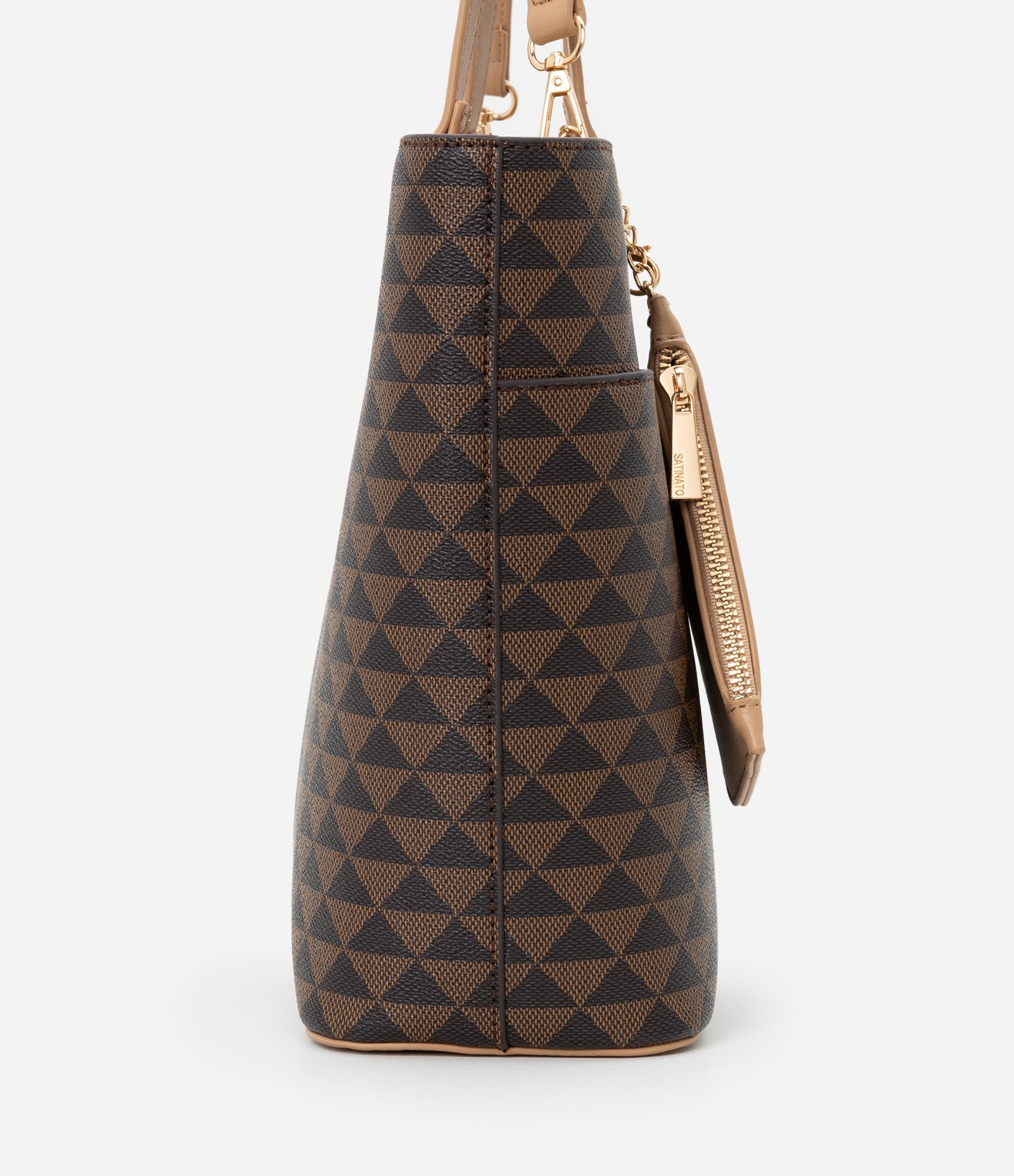Bolsa Shopper Grande com Estampa Triangulo e Carteira Pequena Marrom 3