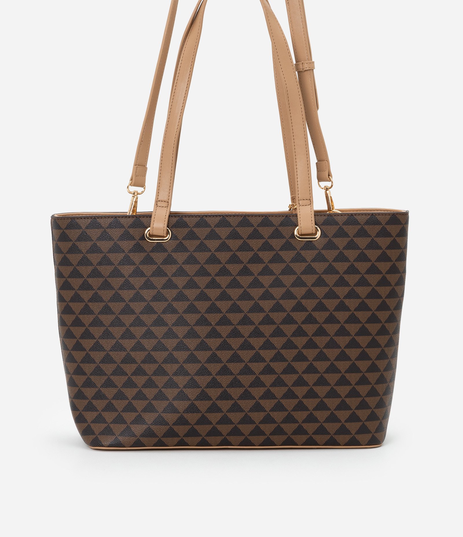 Bolsa Shopper Grande com Estampa Triangulo e Carteira Pequena Marrom 4