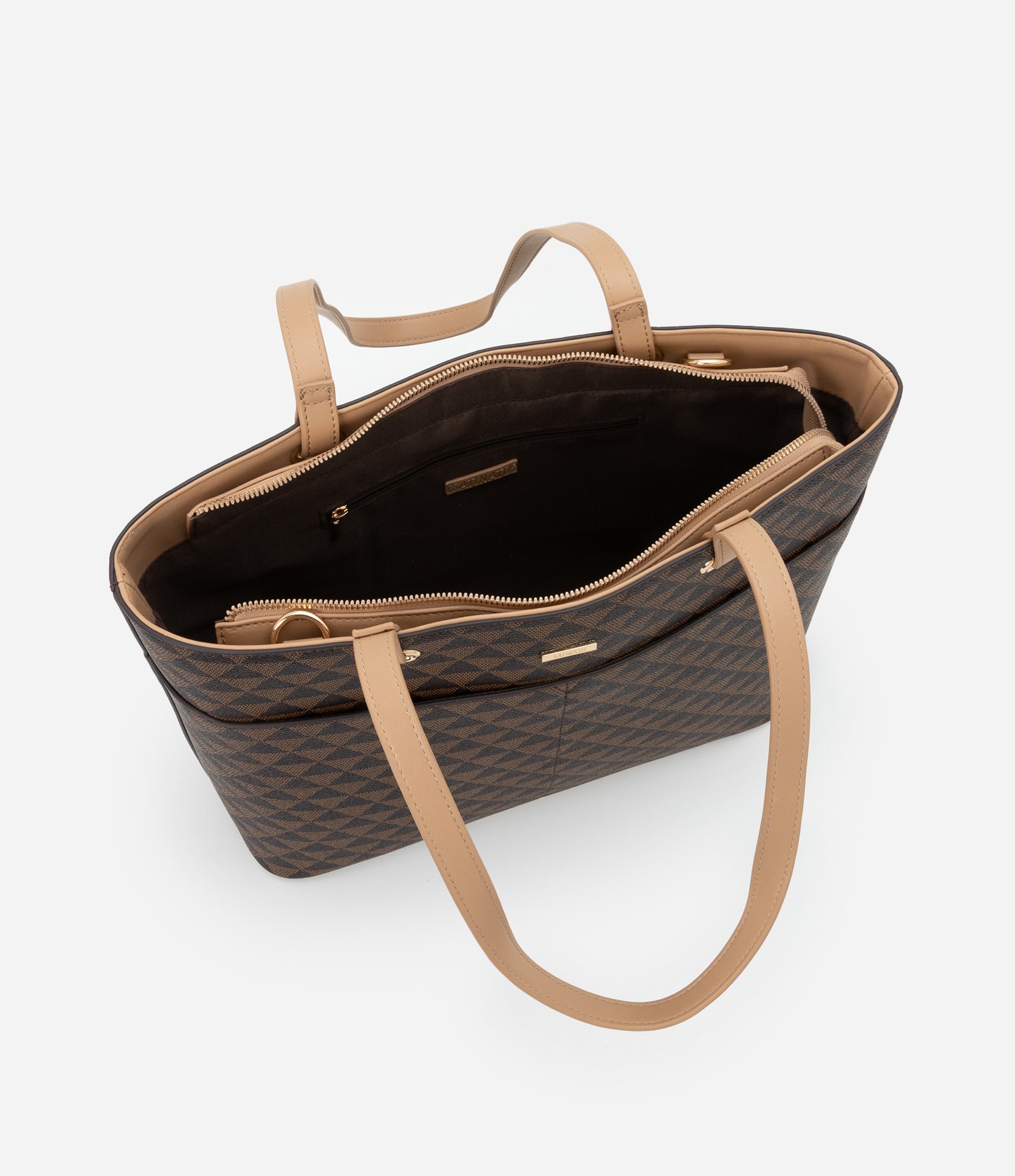 Bolsa Shopper Grande com Estampa Triangulo e Carteira Pequena Marrom 5