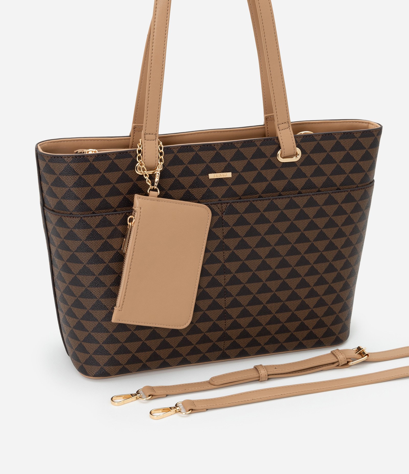 Bolsa Shopper Grande com Estampa Triangulo e Carteira Pequena Marrom 7