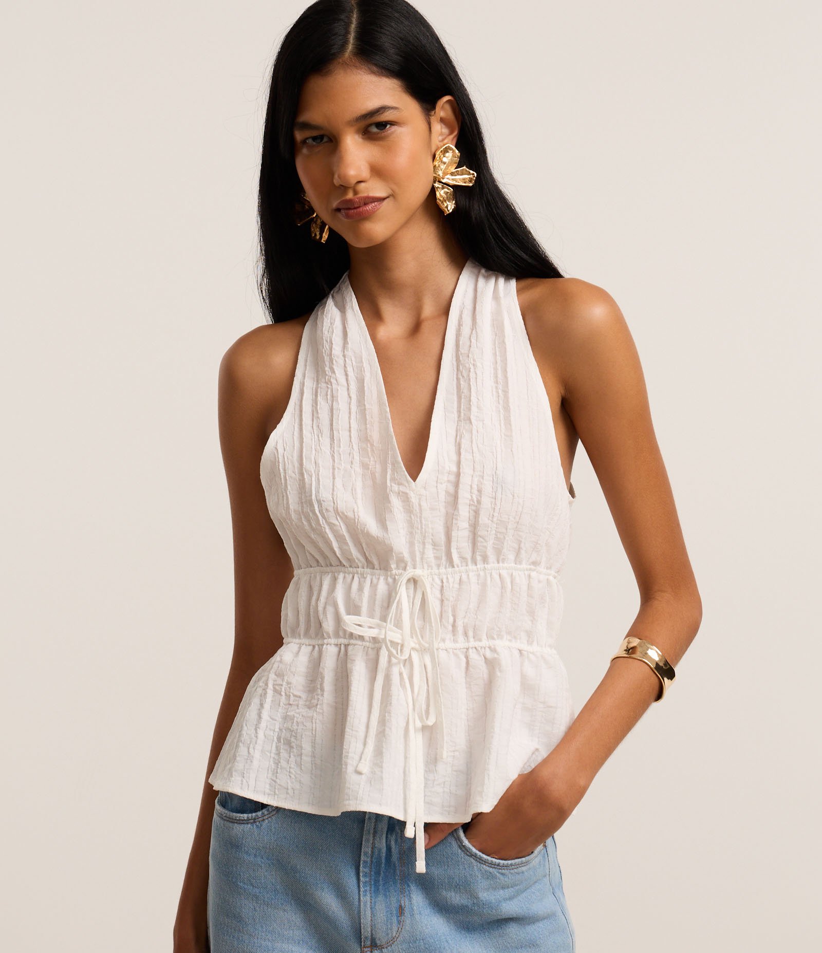 Blusa Texturizada com Elástico Duplo na Cintura Branco 1