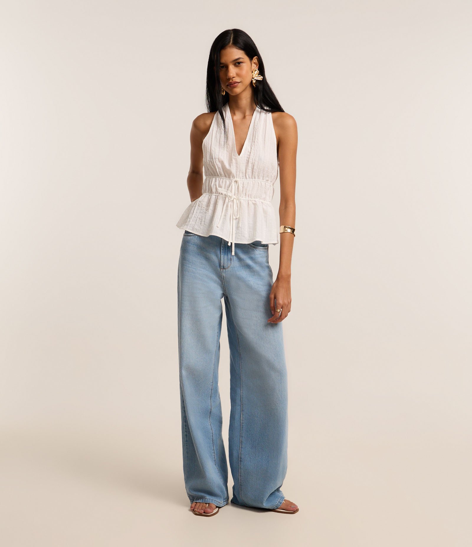 Blusa Texturizada com Elástico Duplo na Cintura Branco 2