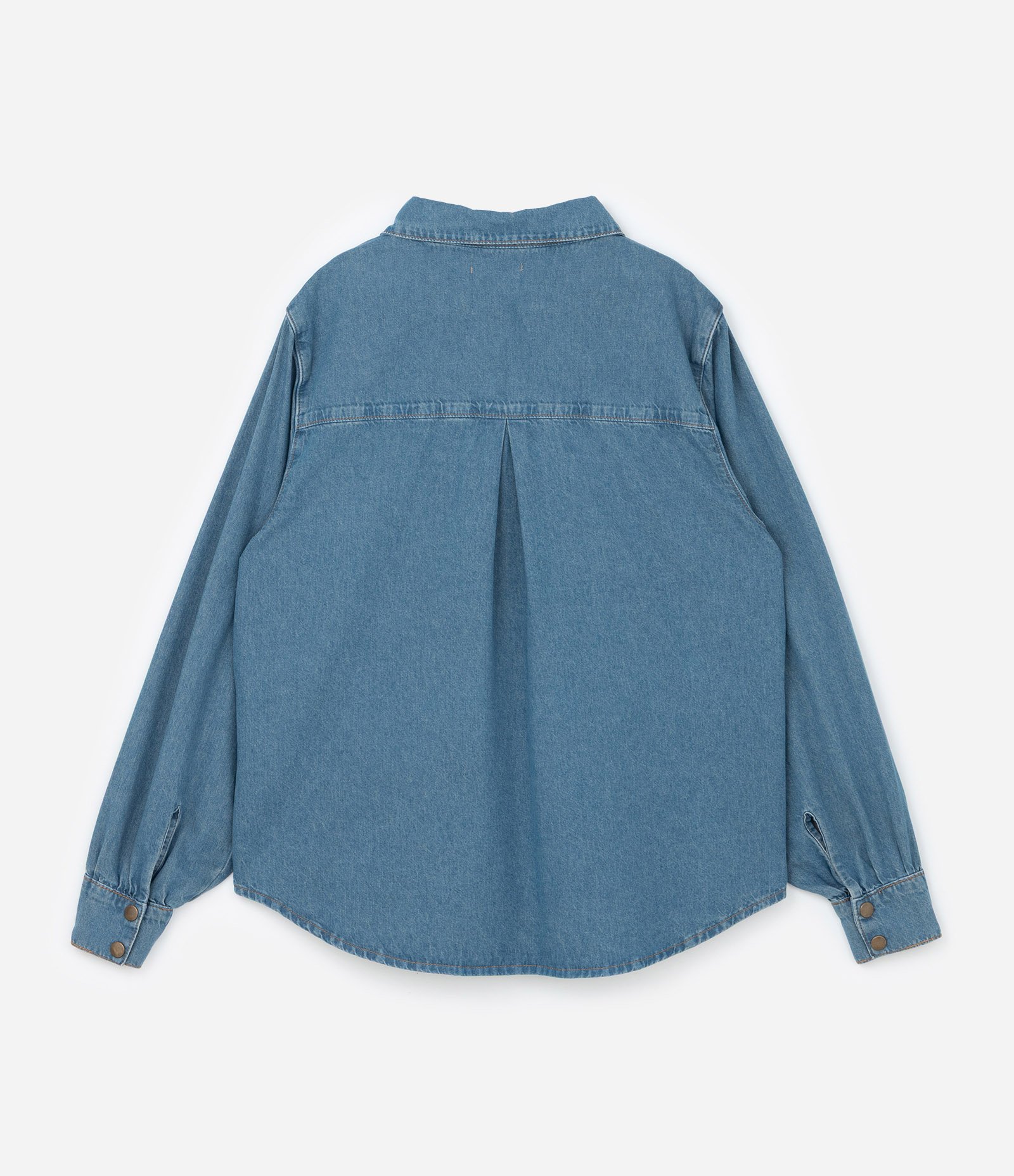 Camisa em Jeans com Pala Franzida Curve & Plus Size Azul 5