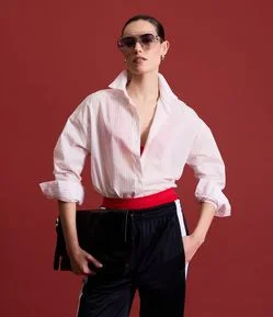 Camisa Oversized em Tricoline com Listras em Fio Tinto