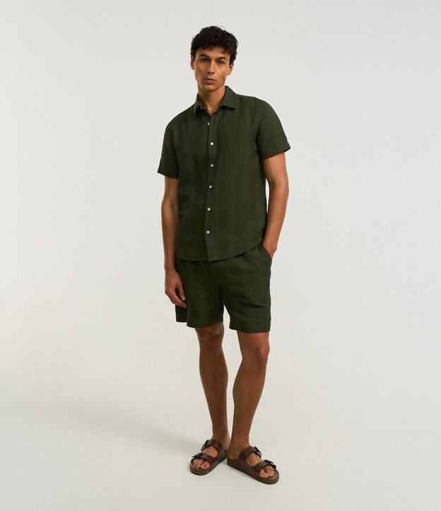 Bermuda em Algodão com Amarração no Cós e Textura Quadriculada Vertical