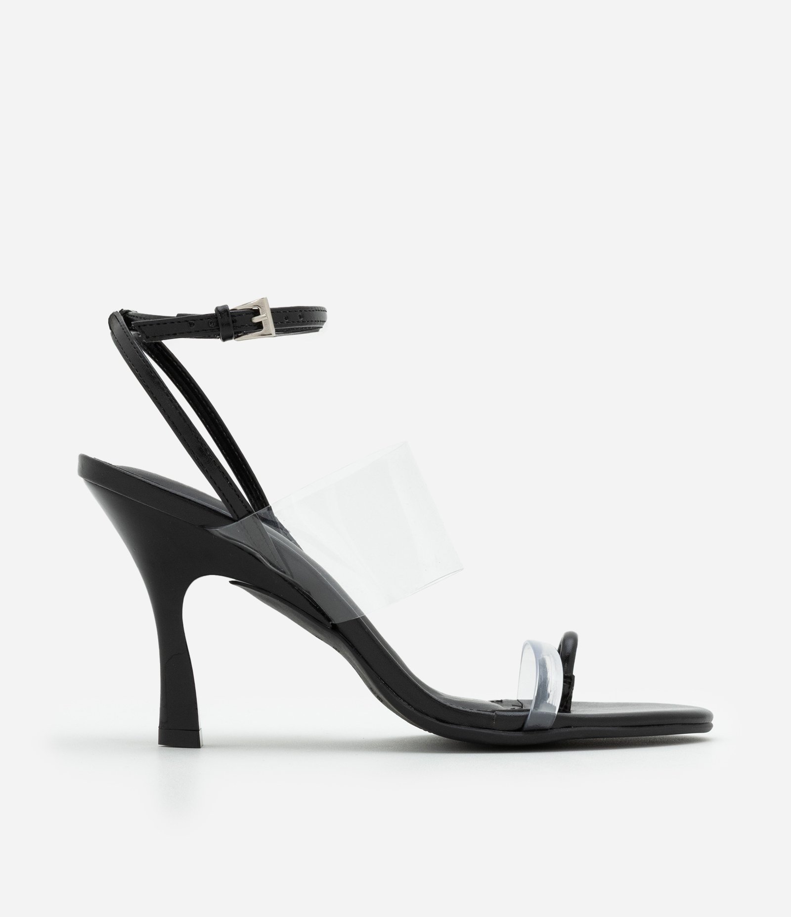 Sandália de Salto Fino com Dedeira e Tira de Vinil Preto 1