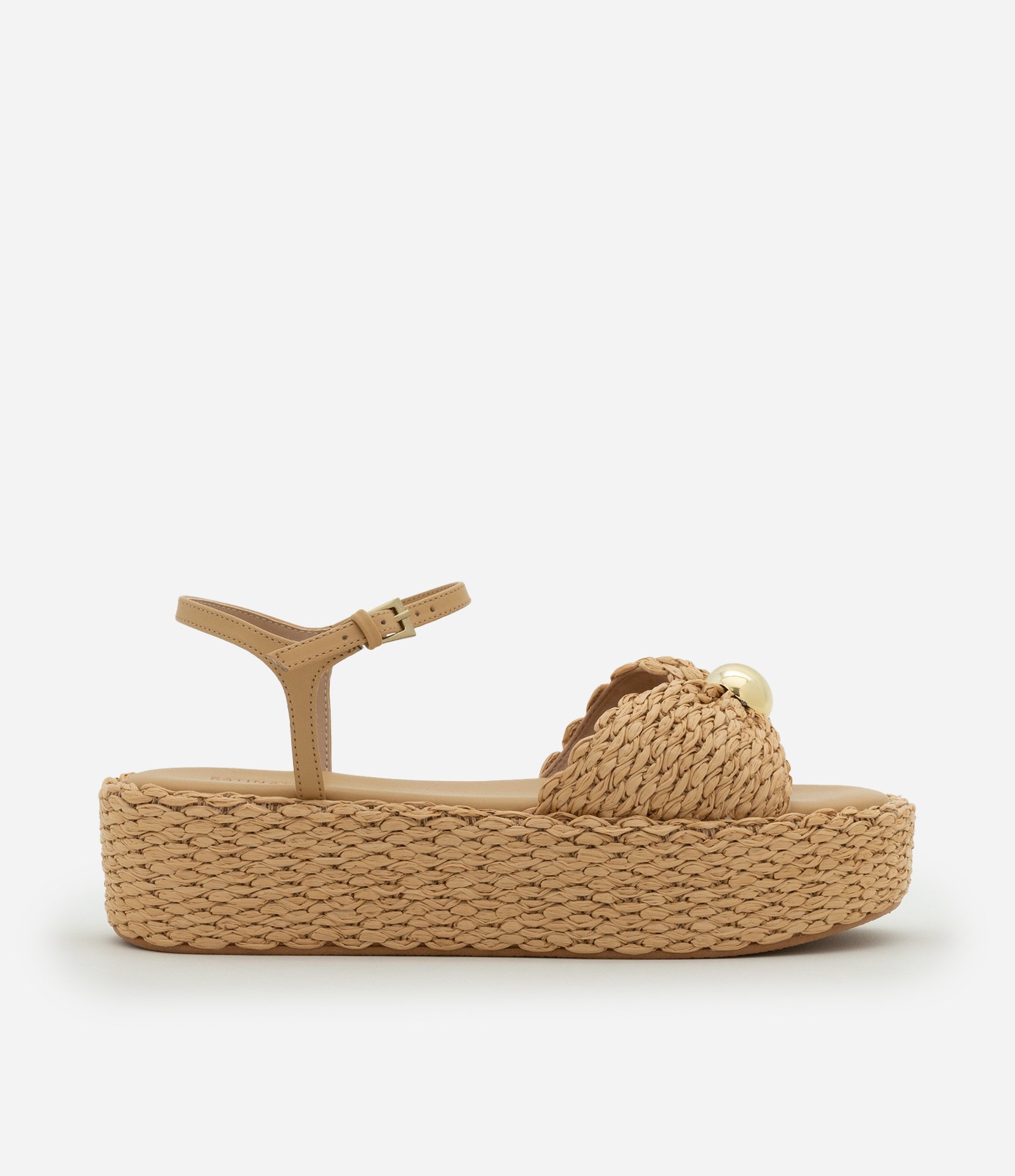 Sandália Flatform com Efeito Ráfia com Esfera Bege 1