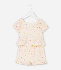 Conjunto Infantil em Tricoline com Estampa Bordada de Corações - Tam 1 a 6 Anos