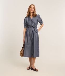 Vestido Midi Listrado com Manga Bufante em Tricoline