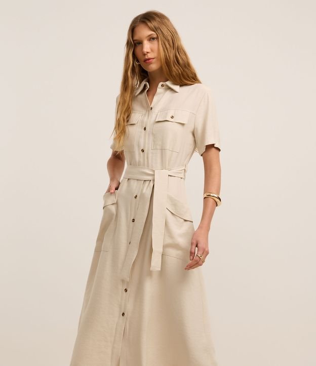 Vestido Midi em Sarja com Bolsos Utilitários e Amarração