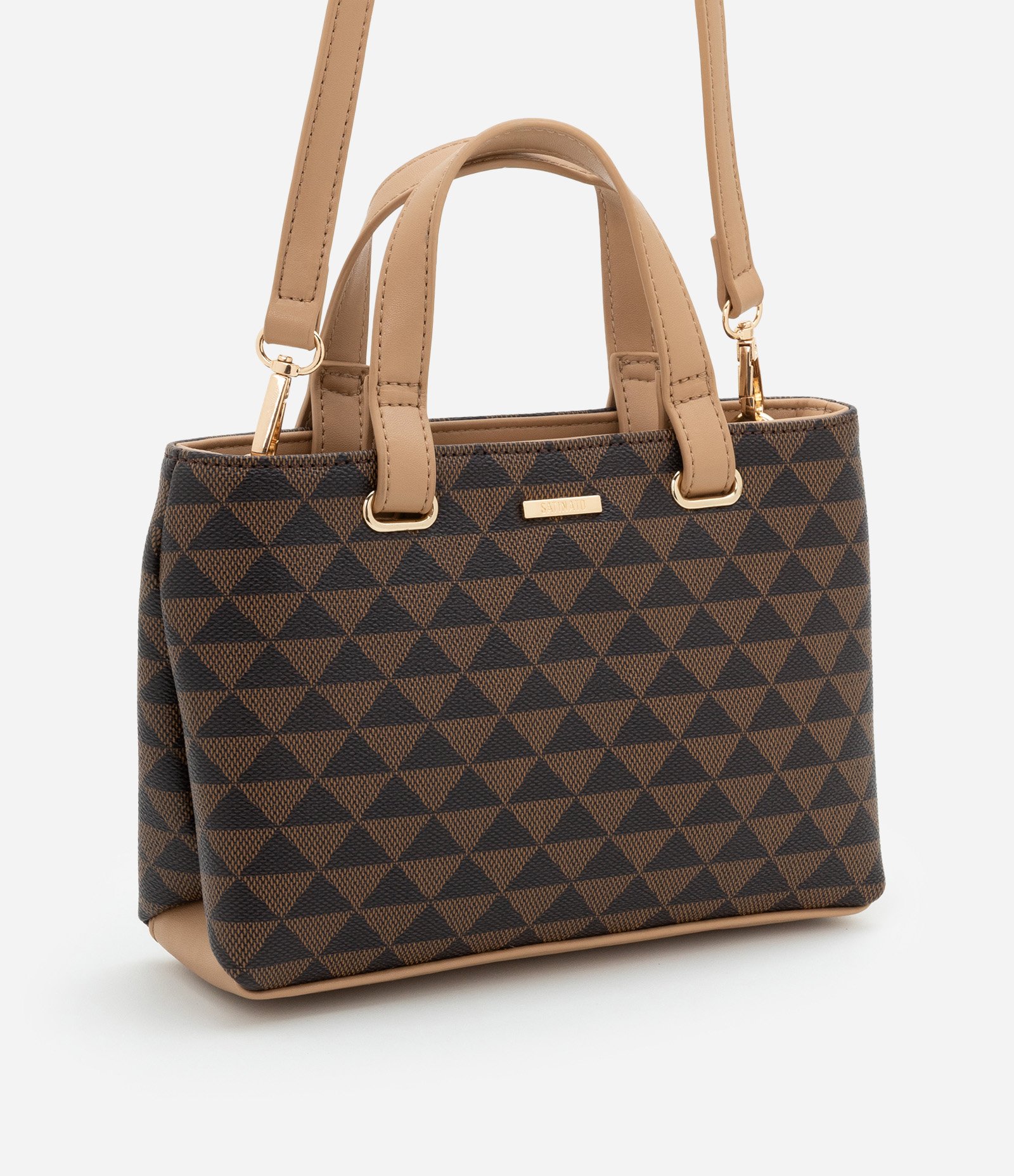 Bolsa Satchel Pequena com Estampa de Triângulos Marrom 1