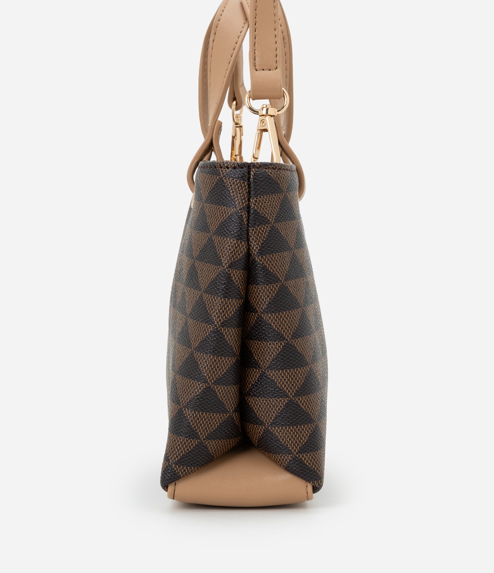 Bolsa Satchel Pequena com Estampa de Triângulos Marrom 2