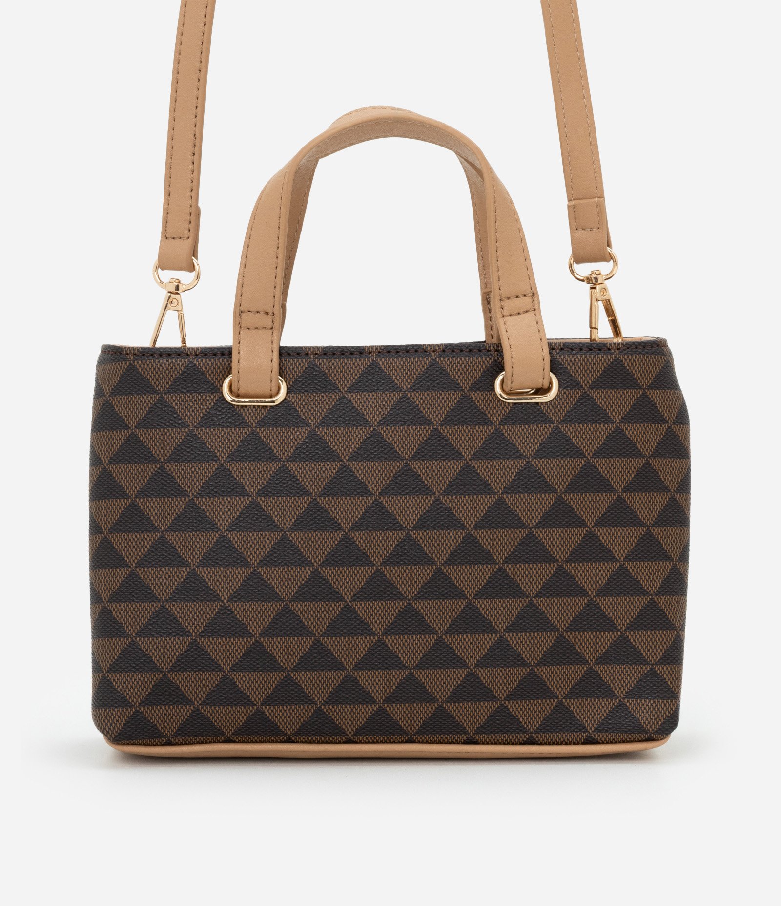 Bolsa Satchel Pequena com Estampa de Triângulos Marrom 3