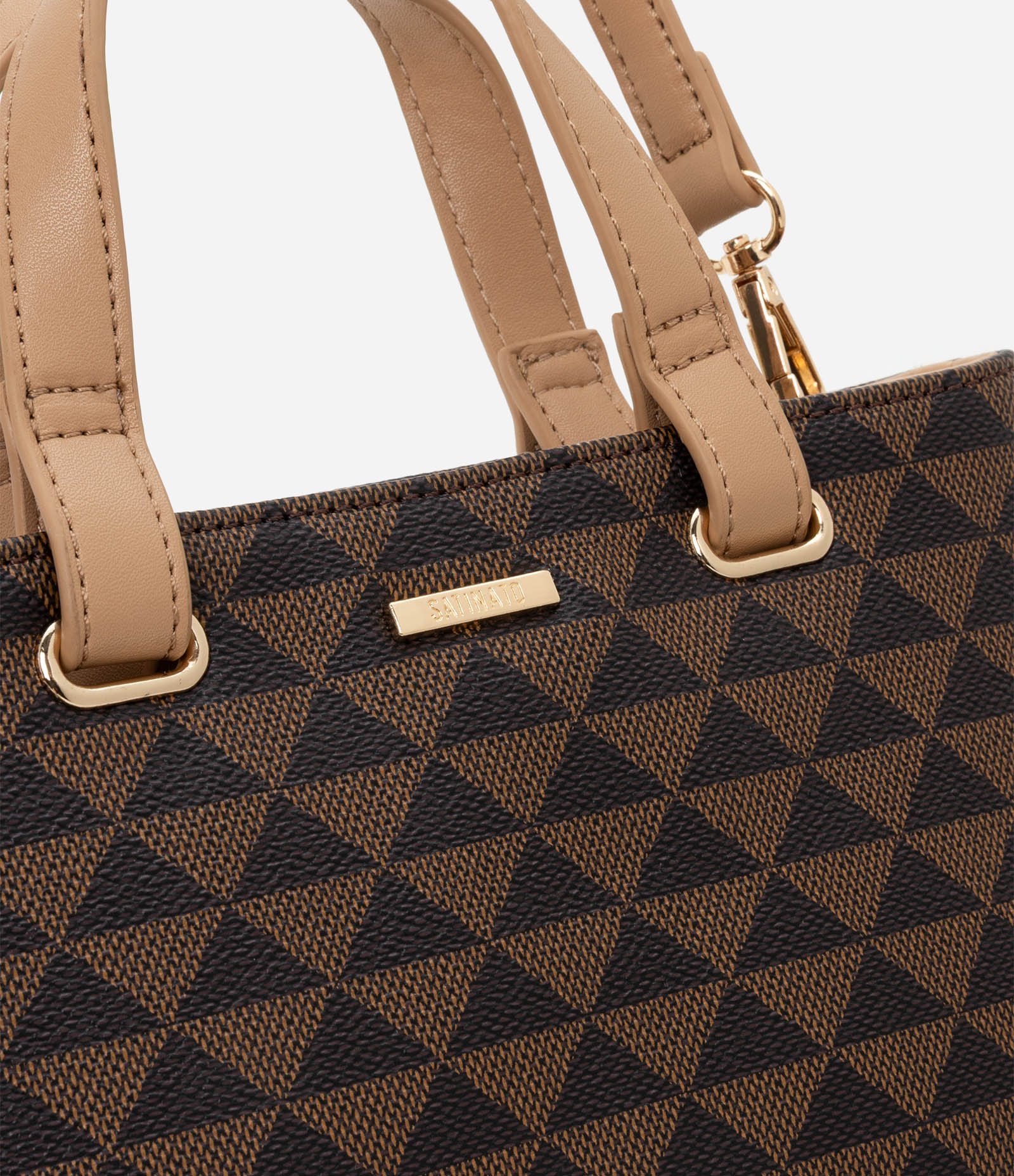 Bolsa Satchel Pequena com Estampa de Triângulos Marrom 4