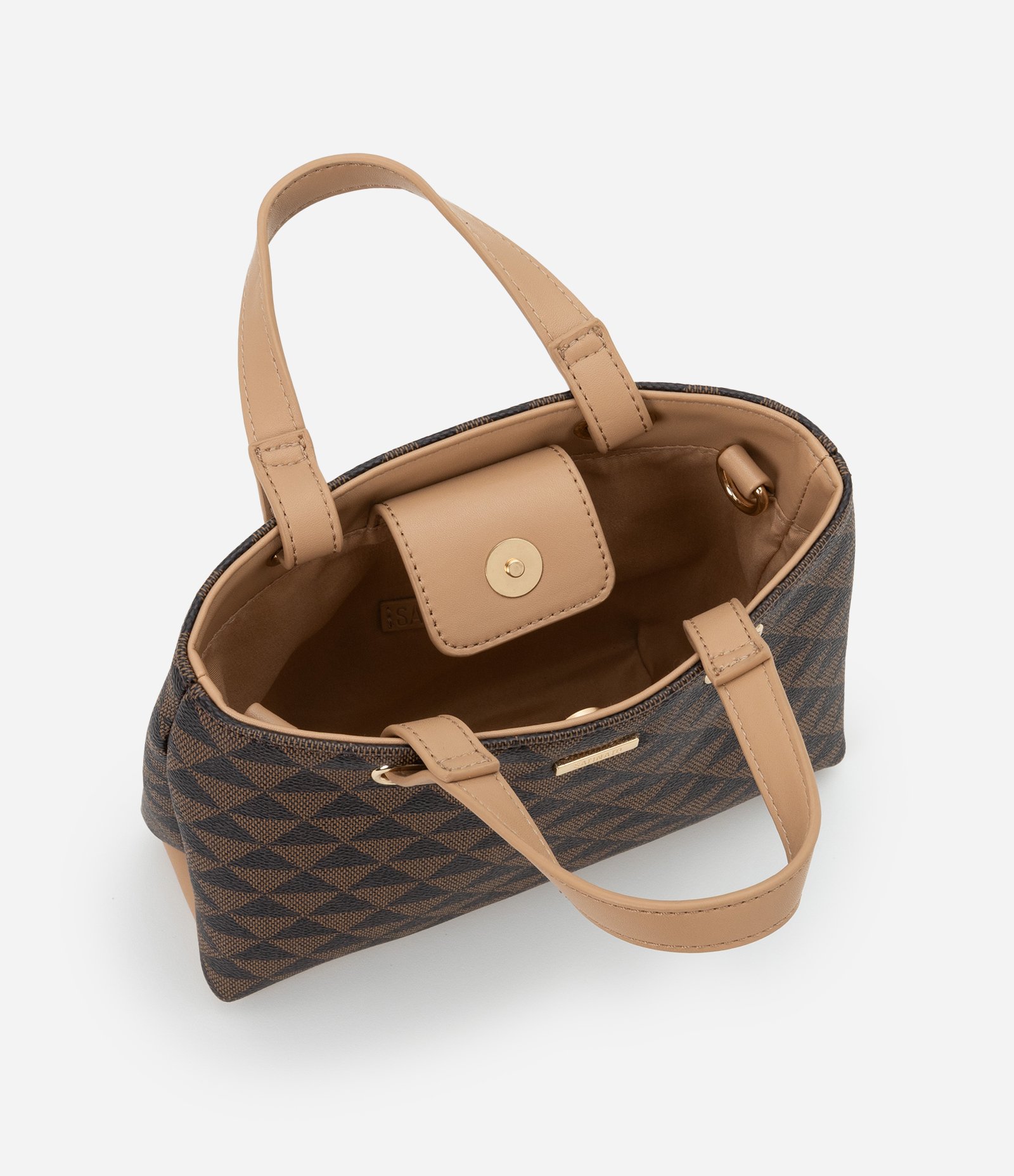 Bolsa Satchel Pequena com Estampa de Triângulos Marrom 5