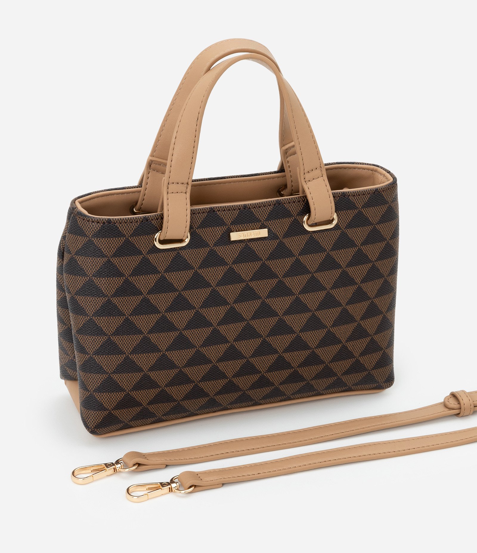Bolsa Satchel Pequena com Estampa de Triângulos Marrom 7