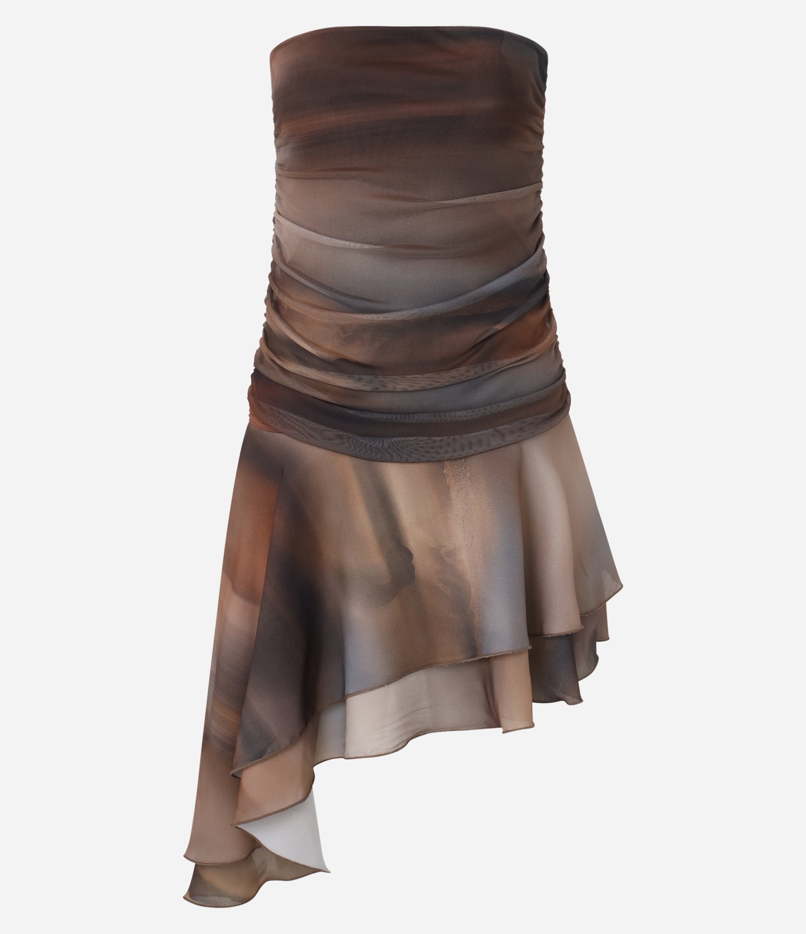 Vestido Curto em Tule Tomara que Caia Manchadinho e Assimétrico Marrom 8