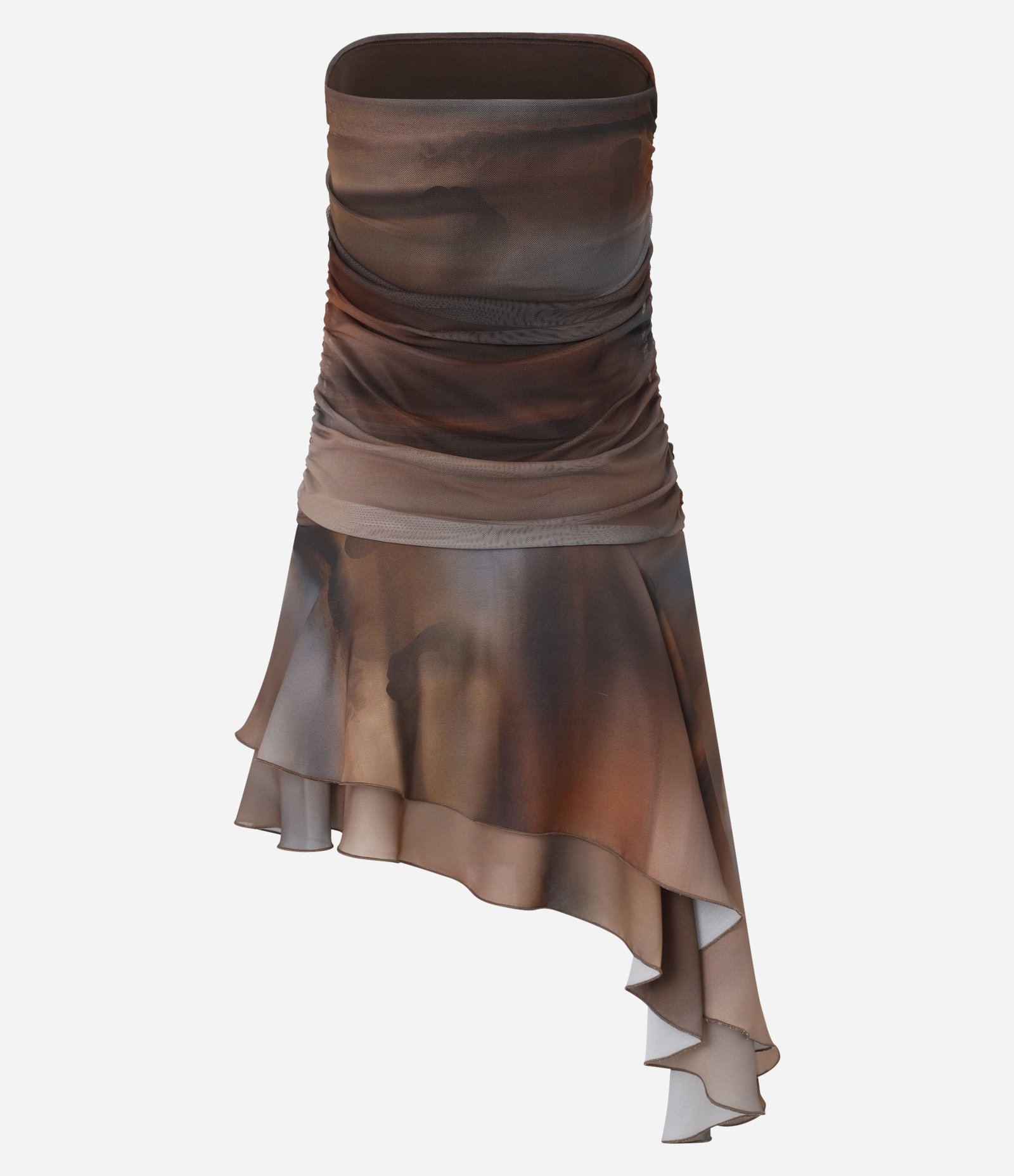 Vestido Curto em Tule Tomara que Caia Manchadinho e Assimétrico Marrom 10