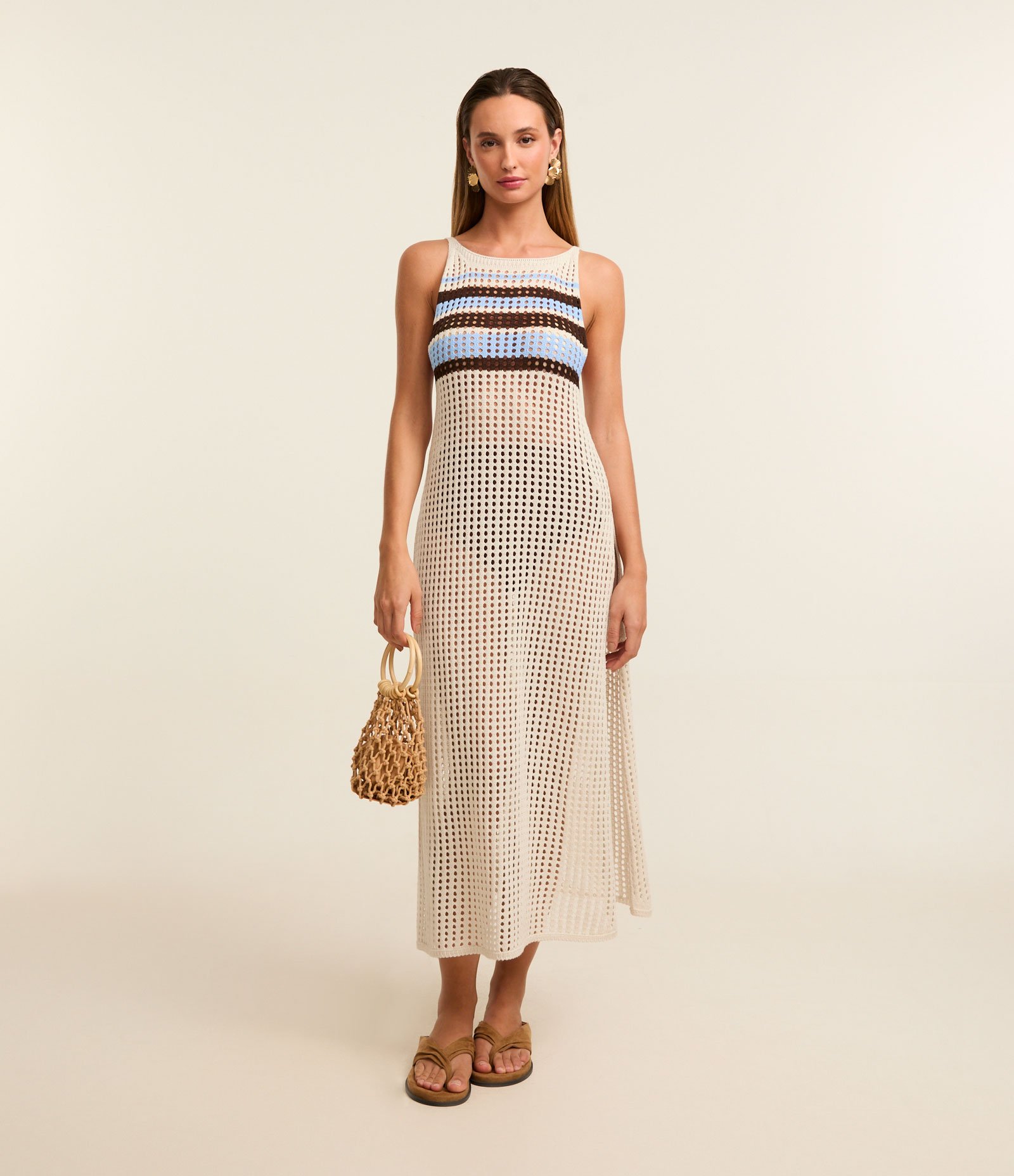 Saída de Praia Vestido Efeito Crochê com Listras Blocadas Off White 1